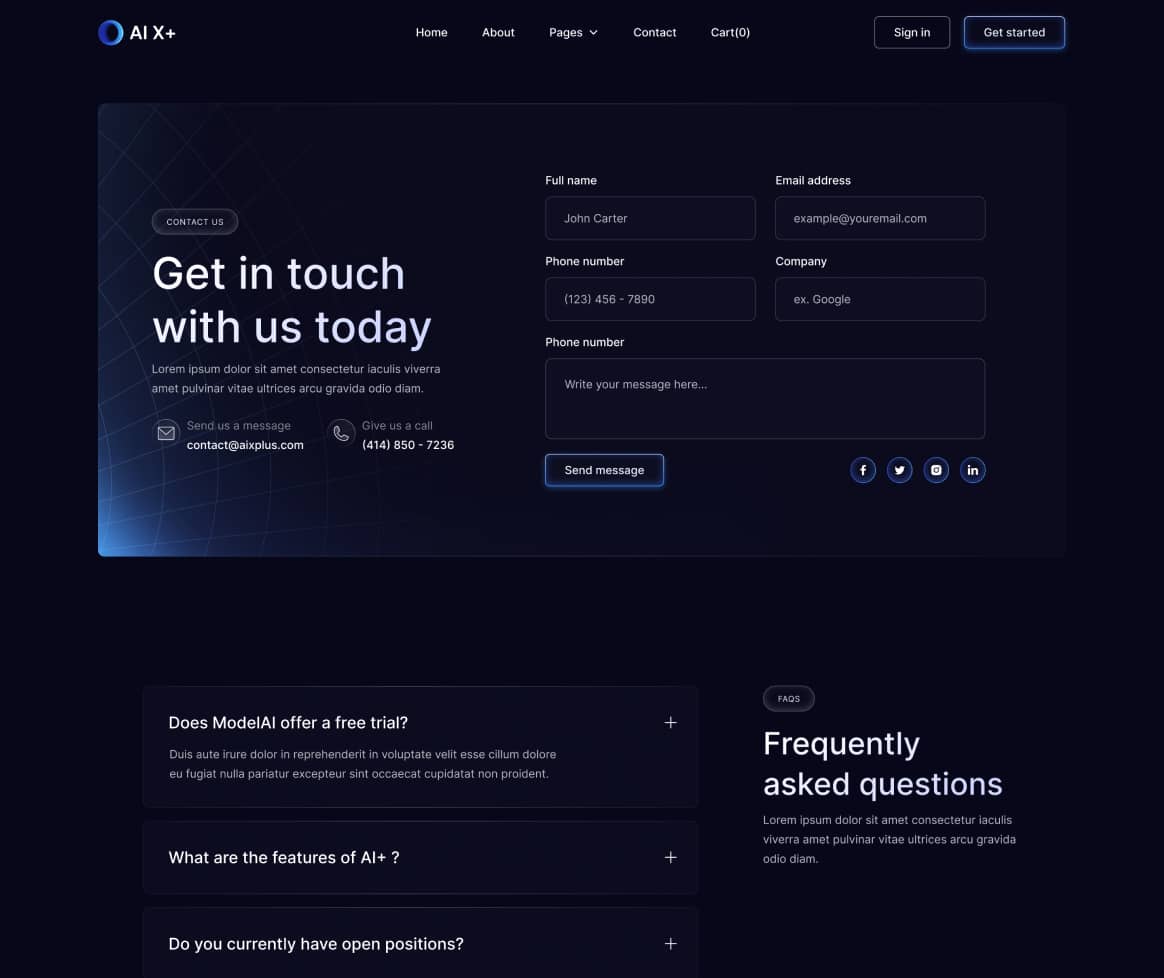 AI X+ - Contact V1 Page - Artificial Intelligence Startup Webflow Template