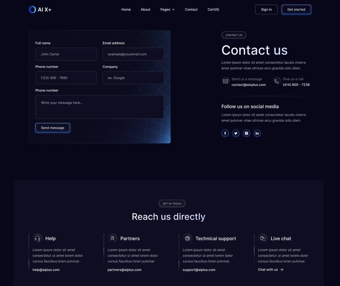 AI X+ - Contact V2 Page - Artificial Intelligence Startup Webflow Template