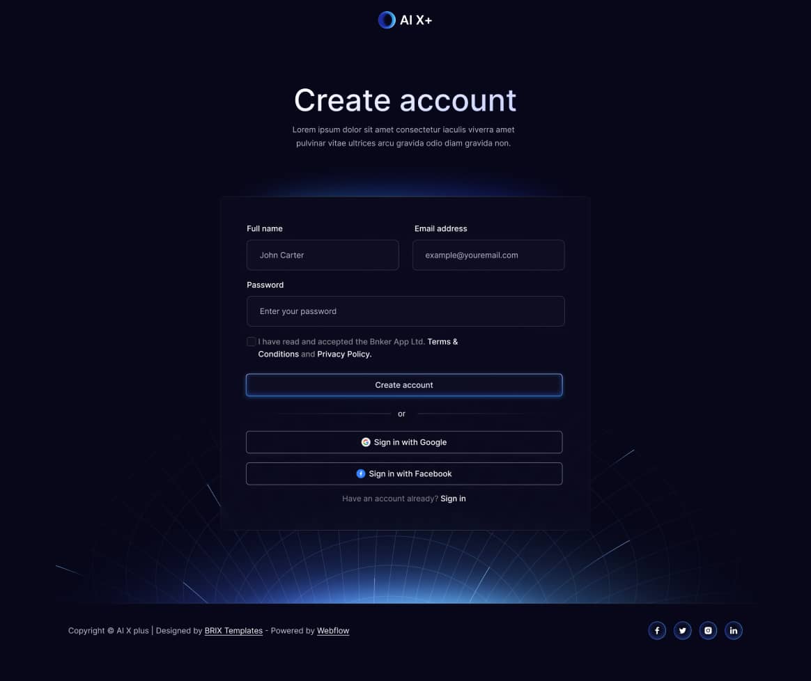 AI X+ - Sign Up Page - Artificial Intelligence Startup Webflow Template